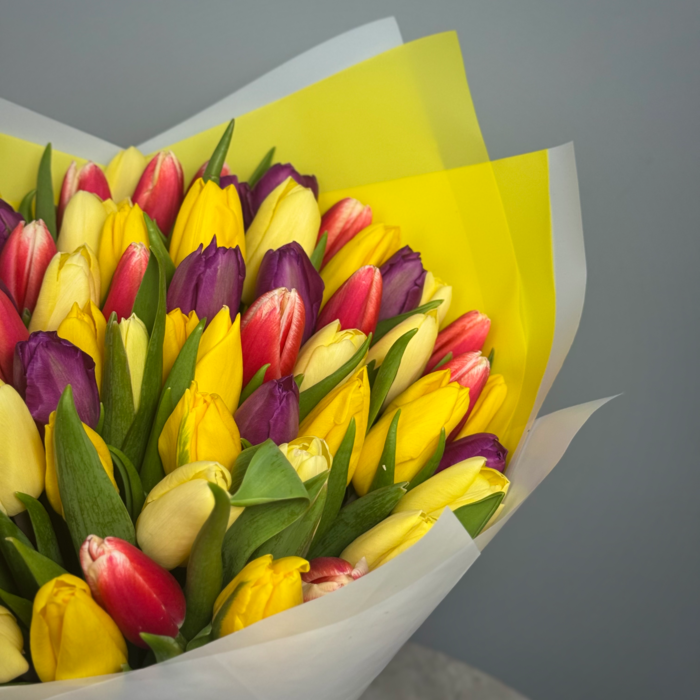 Букет из 71 тюльпанов яркий микс